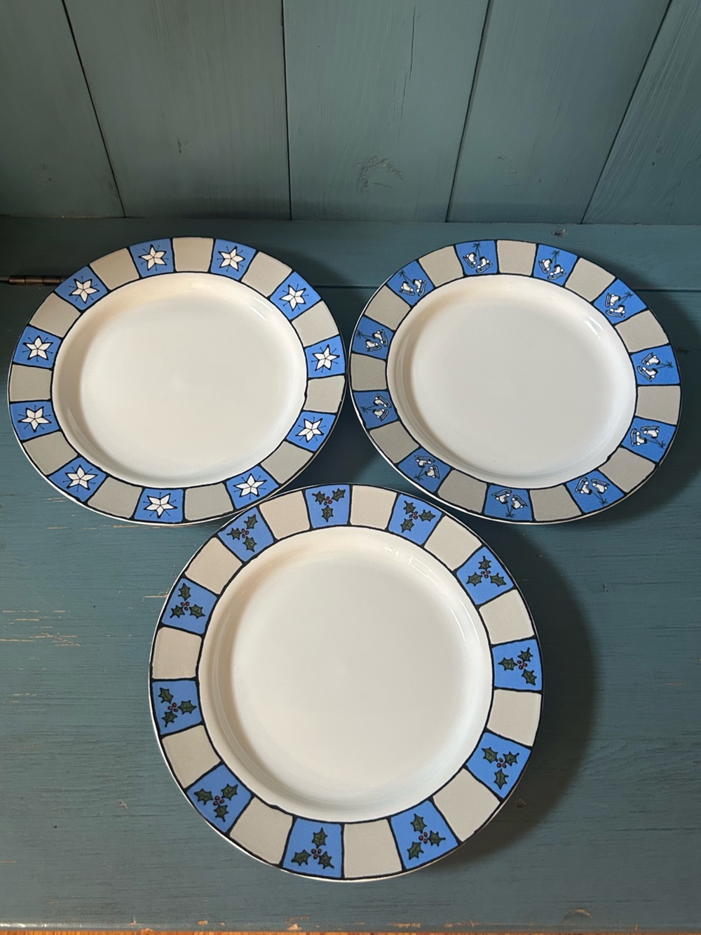 Signature Holiday Snack Plates - Blue and Cream Ceramic | Holiday Trim Set of 3